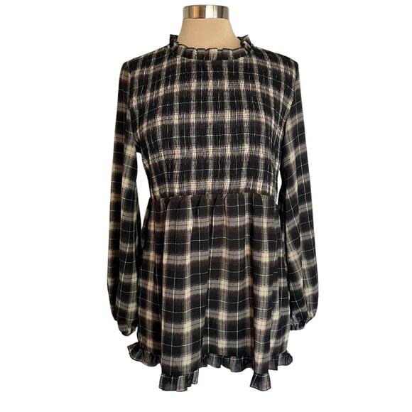Suzanne Betro Black Tan Plaid Top MED Smocked Bodice Ruffled Peplum Peasant Boho - Picture 1 of 10